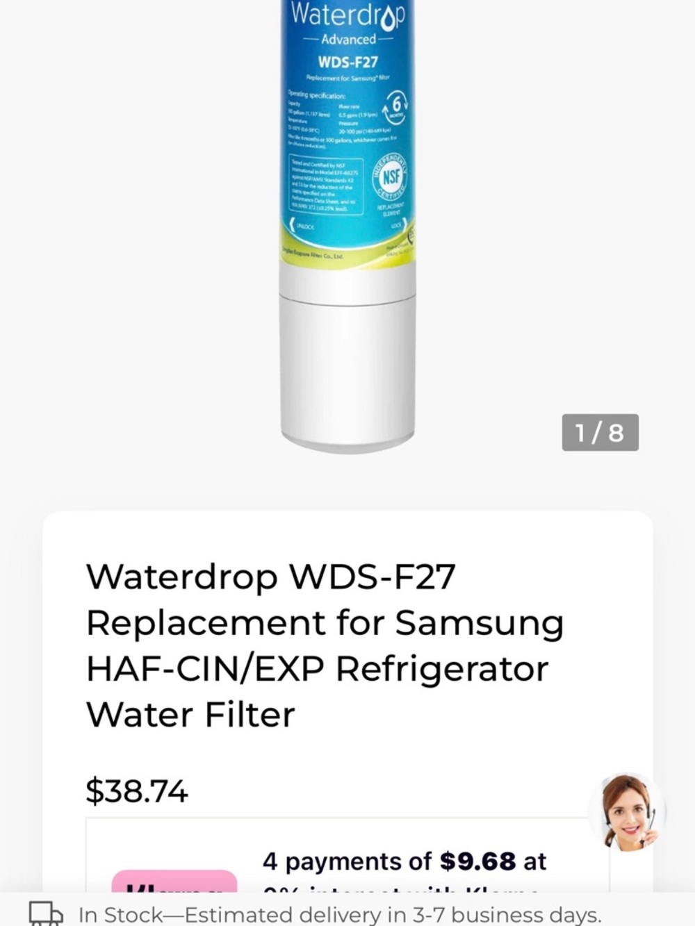 WDS-F27 White Replacement Water Filter for Samsung Refrigerators